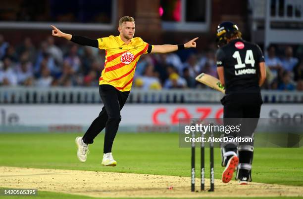 Sam Cook of Trent Rockets celebrates the wicket of Tom Lammonby of Manchester Originals during the Hundred Final match between Trent Rockets and...