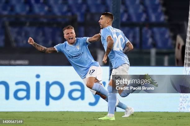 Mattia Zaccagni of SS Lazio celebrates scoring their side's first goal with teammate Ciro Immobile during the Serie A match between SS Lazio and SSC...