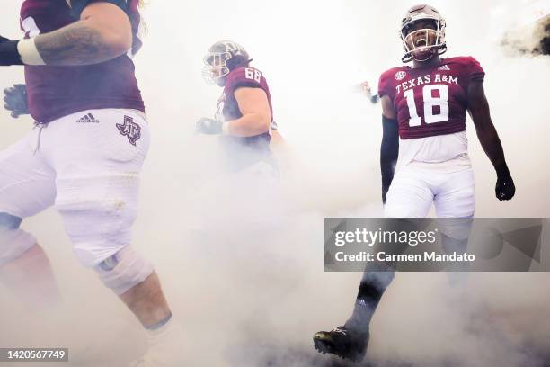Lebbeus Overton of the Texas A&M Aggies runs out of the tunnel prior to facing the Sam Houston State Bearkats at Kyle Field on September 03, 2022 in...