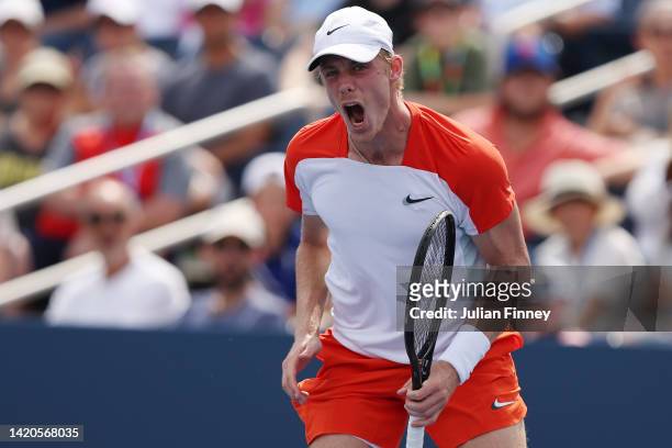 Denis Shapovalov of Canada reacts to a point against Andrey Rublev during their Men's Singles Third Round match on Day Six of the 2022 US Open at...