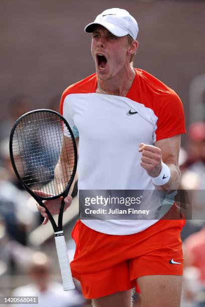 Denis Shapovalov of Canada reacts to a point against Andrey Rublev during their Men's Singles Third Round match on Day Six of the 2022 US Open at...
