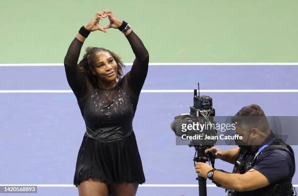 Serena Williams of USA salutes the fans after her last career match, losing to Ajla Tomljanovic of Australia in 3 sets during day 5 of the US Open...