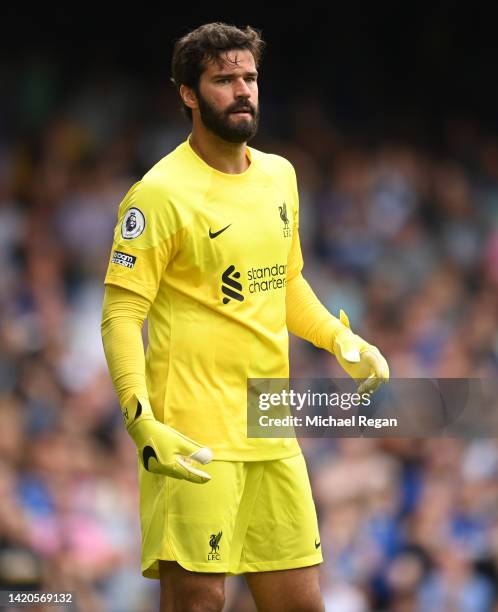 Alisson Becker of Liverpool in action during the Premier League match between Everton FC and Liverpool FC at Goodison Park on September 03, 2022 in...
