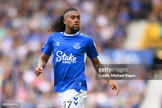 Alex Iwobi of Everton in action during the Premier League match between Everton FC and Liverpool FC at Goodison Park on September 03, 2022 in...