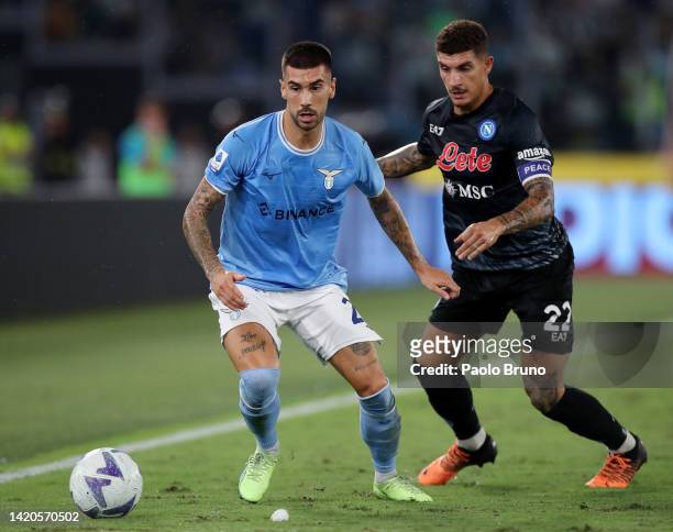 Mattia Zaccagni of SS Lazio is marked by Giovanni Di Lorenzo of Napoli during the Serie A match between SS Lazio and SSC Napoli at Stadio Olimpico on...