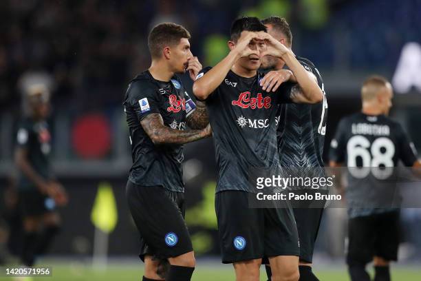 Kim Min-Jae of Napoli celebrates scoring their side's first goal during the Serie A match between SS Lazio and SSC Napoli at Stadio Olimpico on...