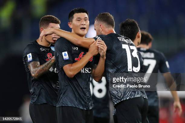 Kim Min-Jae of Napoli celebrates scoring their side's first goal with teammates during the Serie A match between SS Lazio and SSC Napoli at Stadio...