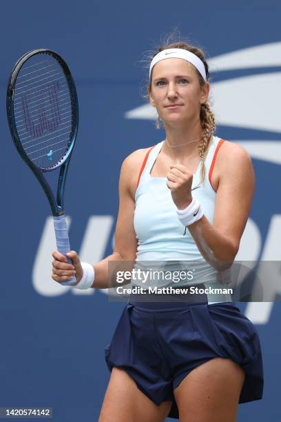 Victoria Azarenka celebrates after defeating Petra Martic of Croatia during their Women's Singles Third Round match on Day Six of the 2022 US Open at...