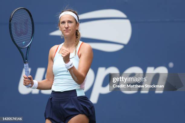 Victoria Azarenka celebrates after defeating Petra Martic of Croatia during their Women's Singles Third Round match on Day Six of the 2022 US Open at...