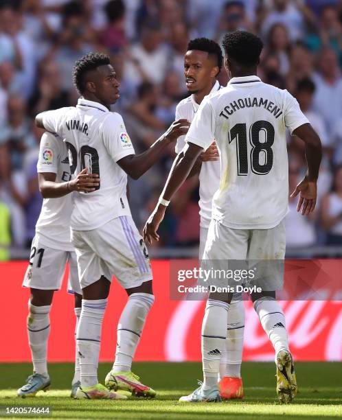 Rodrygo Goes of Real Madrid celebrates with teammates Vinicius Junior, Eder Militao and Aurelien Tchouameni after scoring their team's second goal...