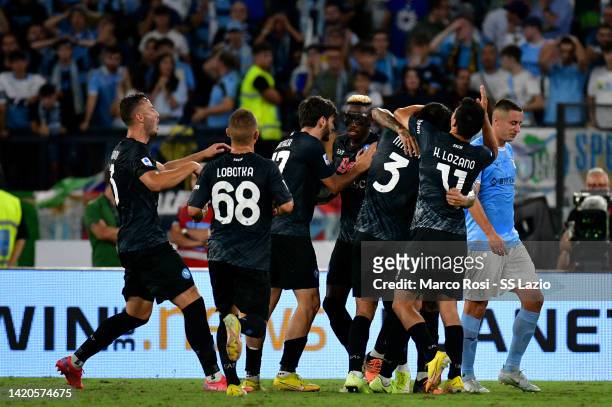 Kim Min-Jae of SSC Napoli celebrates a frist goal with his team mates during the Serie A match between SS Lazio and SSC Napoli at Stadio Olimpico on...
