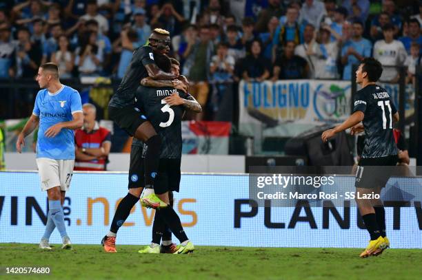 Kim Min-Jae of SSC Napoli celebrates a frist goal with his team mates during the Serie A match between SS Lazio and SSC Napoli at Stadio Olimpico on...