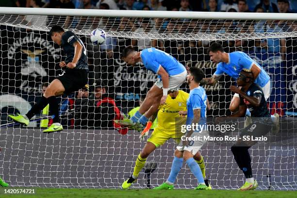 Kim Min-Jao of SSC Napoli scores a frist goal during the Serie A match between SS Lazio and SSC Napoli at Stadio Olimpico on September 03, 2022 in...