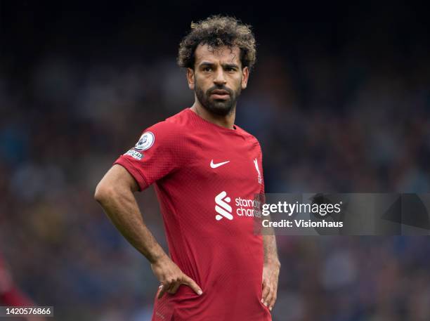 Mohamed Salah of Liverpool in action during the Premier League match between Everton FC and Liverpool FC at Goodison Park on September 3, 2022 in...