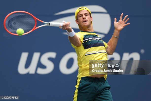 Diego Schwartzman of Argentina plays a forehand against Frances Tiafoe of the United States during their Men's Singles Third Round match on Day Six...