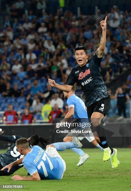 Kim Min-Jae of SSC Napoli celebrates after scoring goal 1-1 during the Serie A match between SS Lazio and SSC Napoli at Stadio Olimpico on September...