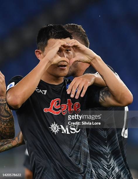 Kim Min-Jae of SSC Napoli celebrates after scoring goal 1-1 during the Serie A match between SS Lazio and SSC Napoli at Stadio Olimpico on September...