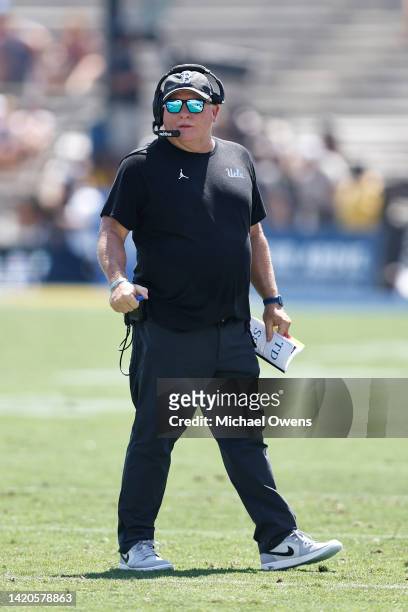 Head coach Chip Kelly of the UCLA Bruins looks on during a game against the Bowling Green Falcons in the first half at Rose Bowl on September 03,...