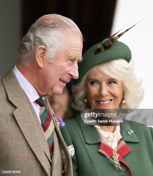 Prince Charles, Prince of Wales and Camilla, Duchess of Cornwall attend the Braemar Highland Gathering on September 03, 2022 in Braemar, Scotland....