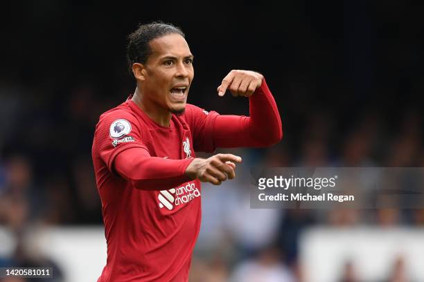 Virgil van Dijk of Liverpool in action during the Premier League match between Everton FC and Liverpool FC at Goodison Park on September 03, 2022 in...