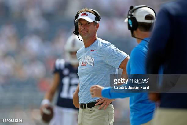 Head coach Lane Kiffin of the Mississippi Rebels looks on during the first half of the game against the Troy Trojans at Vaught-Hemingway Stadium on...