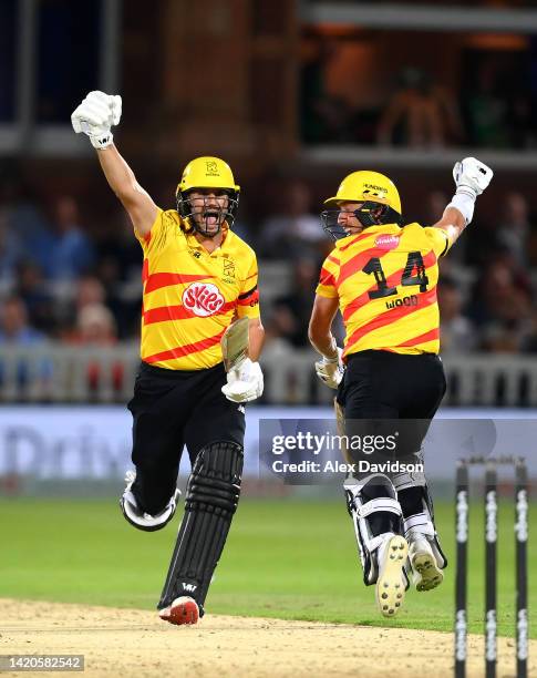 Lewis Gregory and Luke Wood of Trent Rockets celebrates victory during the Hundred Final match between Trent Rockets and Manchester Originals at...