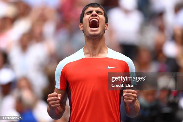 Carlos Alcaraz of Spain celebrates after defeating Jenson Brooksby of the United States during their Men's Singles Third Round match on Day Six of...