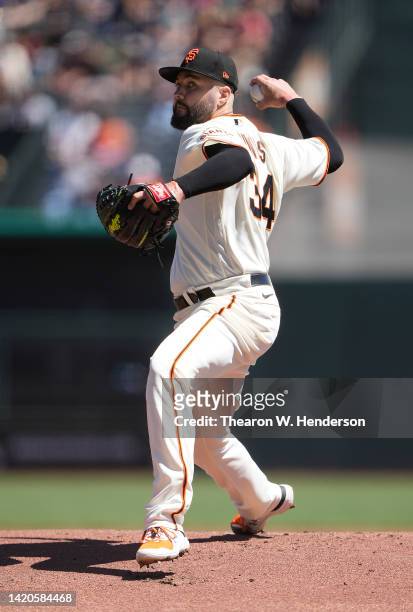 Jakob Junis of the San Francisco Giants pitches against the Philadelphia Phillies in the top of the first inning at Oracle Park on September 03, 2022...