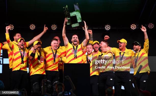 Lewis Gregory of Trent Rockets lifts the Hundred Trophy with teammates after the Hundred Final match between Trent Rockets and Manchester Originals...