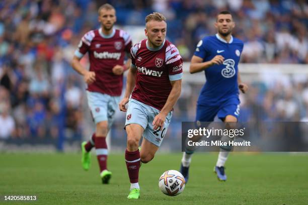 Jarrod Bowen of West Ham United in action during the Premier League match between Chelsea FC and West Ham United at Stamford Bridge on September 03,...