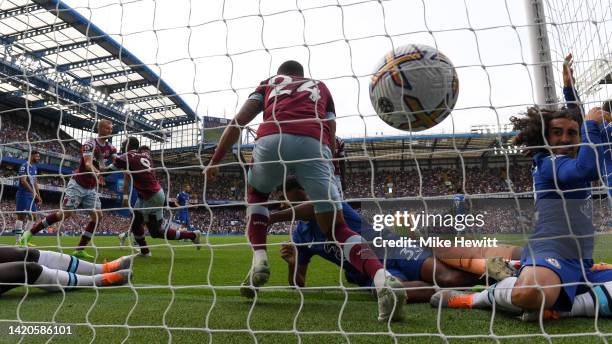 Goalscorer Michail Antonio of West Ham United celebrates with team mate Tomas Soucek as Marc Cucurella of Chelsea ends up in the back of the net...