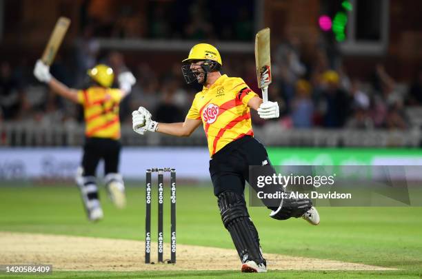 Lewis Gregory and Luke Wood of Trent Rockets celebrates victory during the Hundred Final match between Trent Rockets and Manchester Originals at...