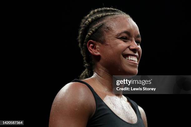 Natasha Jonas looks on as they celebrate their victory after defeating Patricia Berghult during the 10x2 WBO / WBC Super-Welterweight Titles fight...