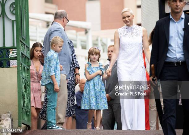 Jacques, Hereditary Prince of Monaco, Prince Albert II of Monaco, Princess Gabriella, Countess of Carladès, Princess Charlene of Monaco, and guests...