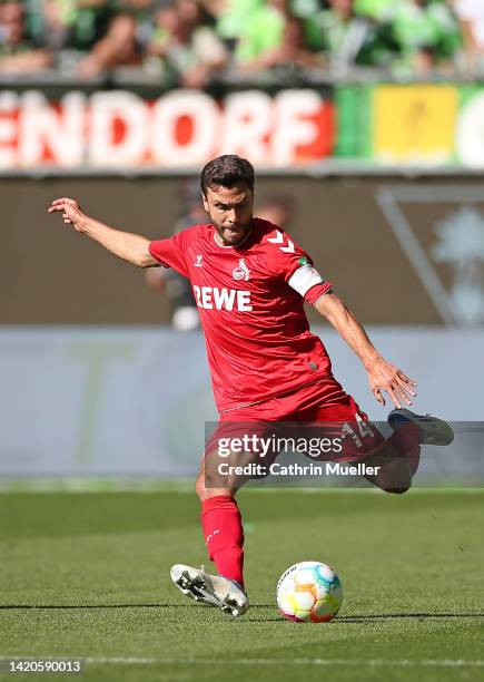 Jonas Hector of 1. FC Koeln runs with the ball during the Bundesliga match between VfL Wolfsburg and 1. FC Köln at Volkswagen Arena on September 03,...