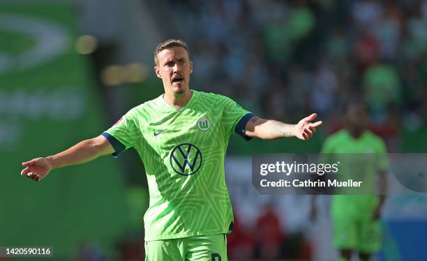 Max Kruse of VfL Wolfsburg reacts during the Bundesliga match between VfL Wolfsburg and 1. FC Köln at Volkswagen Arena on September 03, 2022 in...