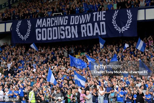Everton fans flags and banners in the Gwladys Street Stand during the Premier League match between Everton FC and Liverpool FC at Goodison Park on...