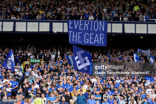 Everton fans flags and banners in the Gwladys Street Stand during the Premier League match between Everton FC and Liverpool FC at Goodison Park on...