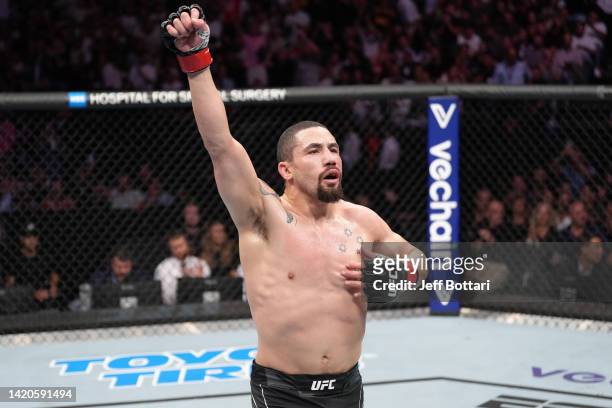Robert Whittaker of New Zealand reacts after his middleweight fight against Marvin Vettori of Italy during the UFC Fight Night event at The Accor...