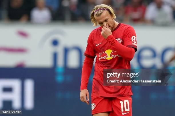 Emil Forsberg of Leipzig reacts during the Bundesliga match between Eintracht Frankfurt and RB Leipzig at Deutsche Bank Park on September 03, 2022 in...