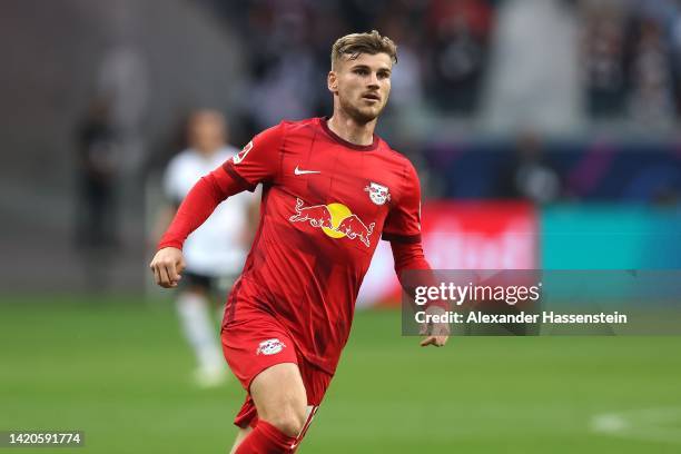 Timo Werner of Leipzig looks on during the Bundesliga match between Eintracht Frankfurt and RB Leipzig at Deutsche Bank Park on September 03, 2022 in...