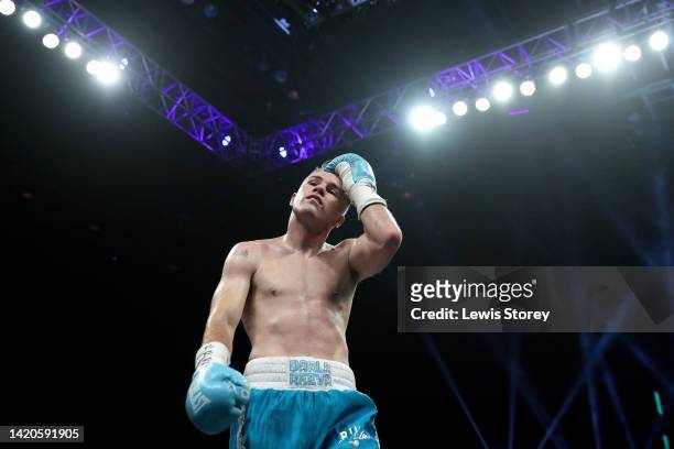 Liam Smith looks on during the 12x3 Super-Welterweight fight between Liam Smith and Hassan Mwakinyo at M&S Bank Arena on September 03, 2022 in...