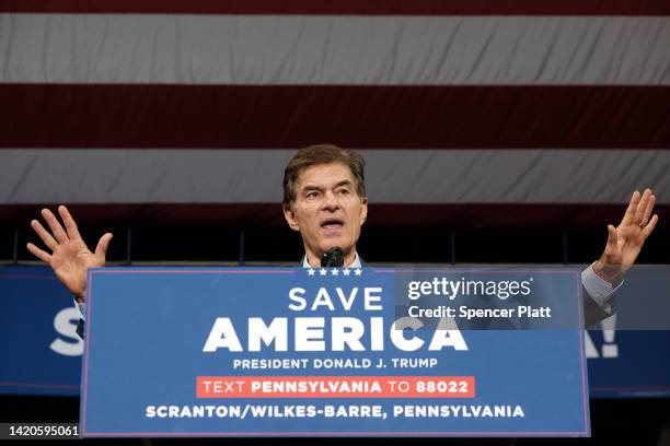 Pennsylvania GOP Senate candidate and former TV personality Dr. Mehmet Oz speaks before an appearance by former president Donald Trump to endorse...
