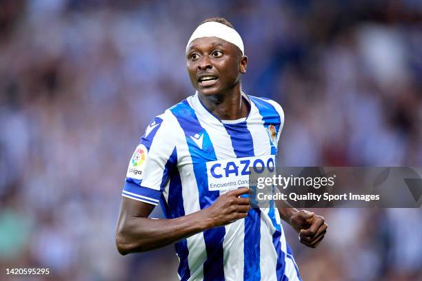 Sadiq Umar of Real Sociedad looks on during the LaLiga Santander match between Real Sociedad and Atletico de Madrid at Reale Arena on September 03,...