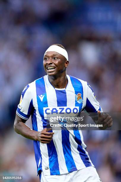 Sadiq Umar of Real Sociedad looks on during the LaLiga Santander match between Real Sociedad and Atletico de Madrid at Reale Arena on September 03,...