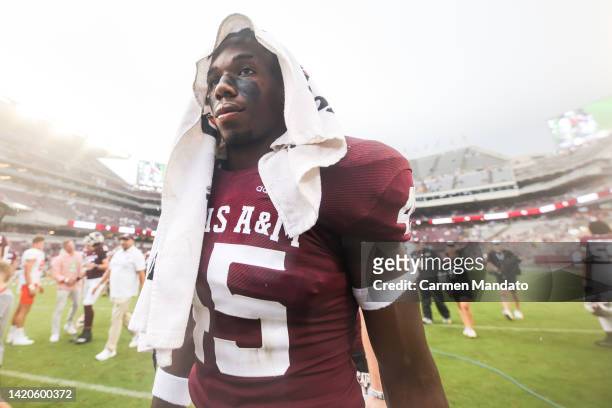 Edgerrin Cooper of the Texas A&M Aggies walks off the field after defeating the Sam Houston State Bearkats during the second half at Kyle Field on...