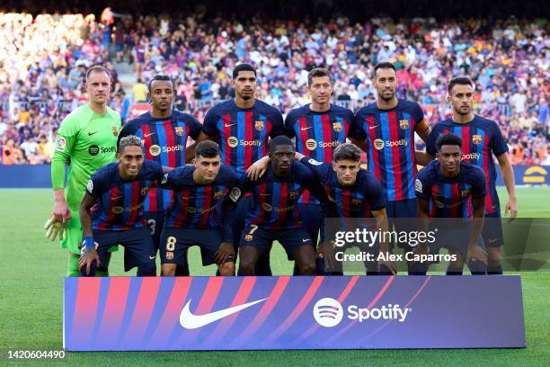 Barcelona players pose for the team photo prior to the LaLiga Santander match between FC Barcelona and Real Valladolid CF at Spotify Camp Nou on...