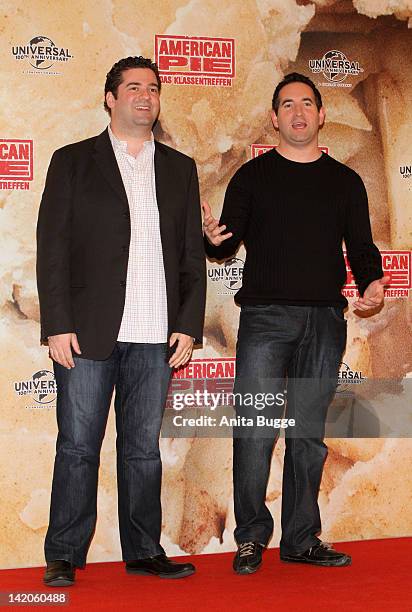 Directors Jon Hurwitz and Hayden Schlossberg attend the 'American Reunion' Germany Photocall at the Ritz Carlton Hotel on March 29, 2012 in Berlin,...