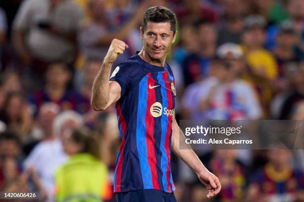 Robert Lewandowski of FC Barcelona celebrates after scoring his team's third goal during the LaLiga Santander match between FC Barcelona and Real...