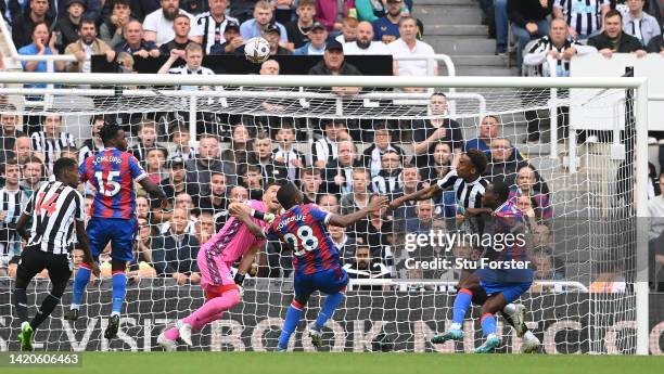 Newcastle player Joe Willock is challenged by Tyrick Mitchell and Vicente Guaita is beaten but the goal is disallowed after a VAR review during the...